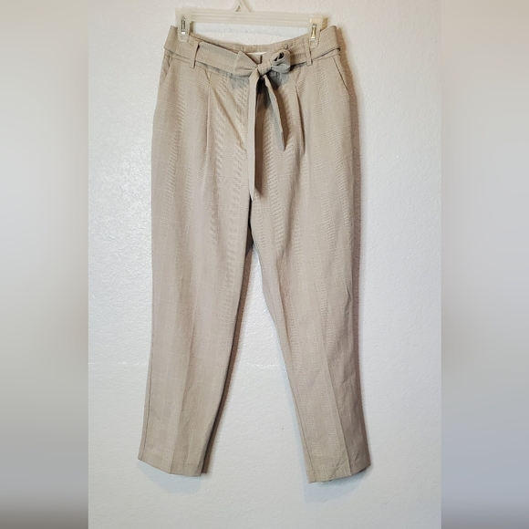 💚5/$2/ Maison d' Amélie Plaid Belted Tied Waist Trouser Pants Neutral Size 8 - Picture 1 of 7